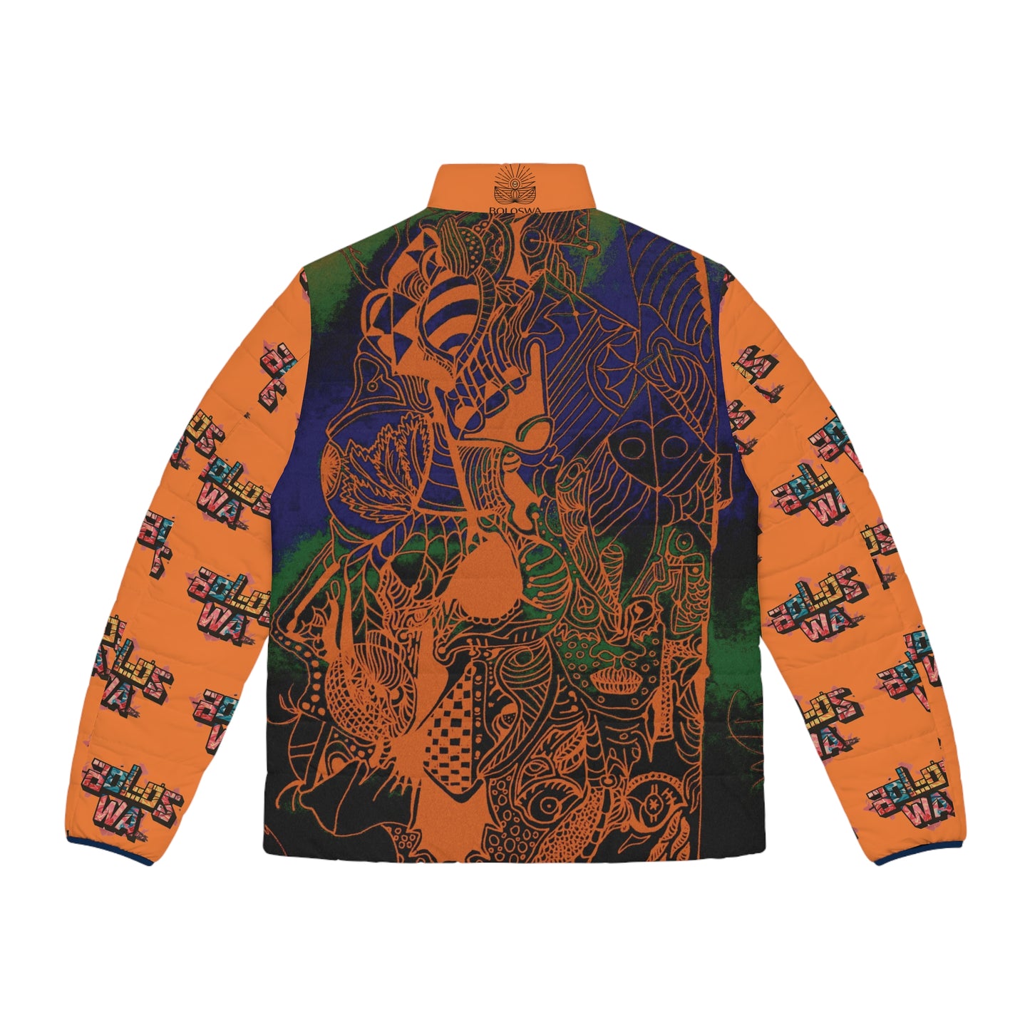 Men's Puffer Jacket — Bold Orange Graphic All-Over Print with Tribal Mask & 'BOLOSWA' Sleeve Logos