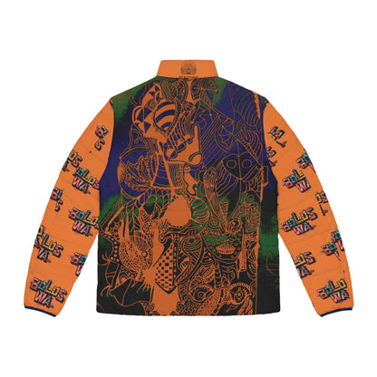 Men's Puffer Jacket — Bold Orange Graphic All-Over Print with Tribal Mask & 'BOLOSWA' Sleeve Logos