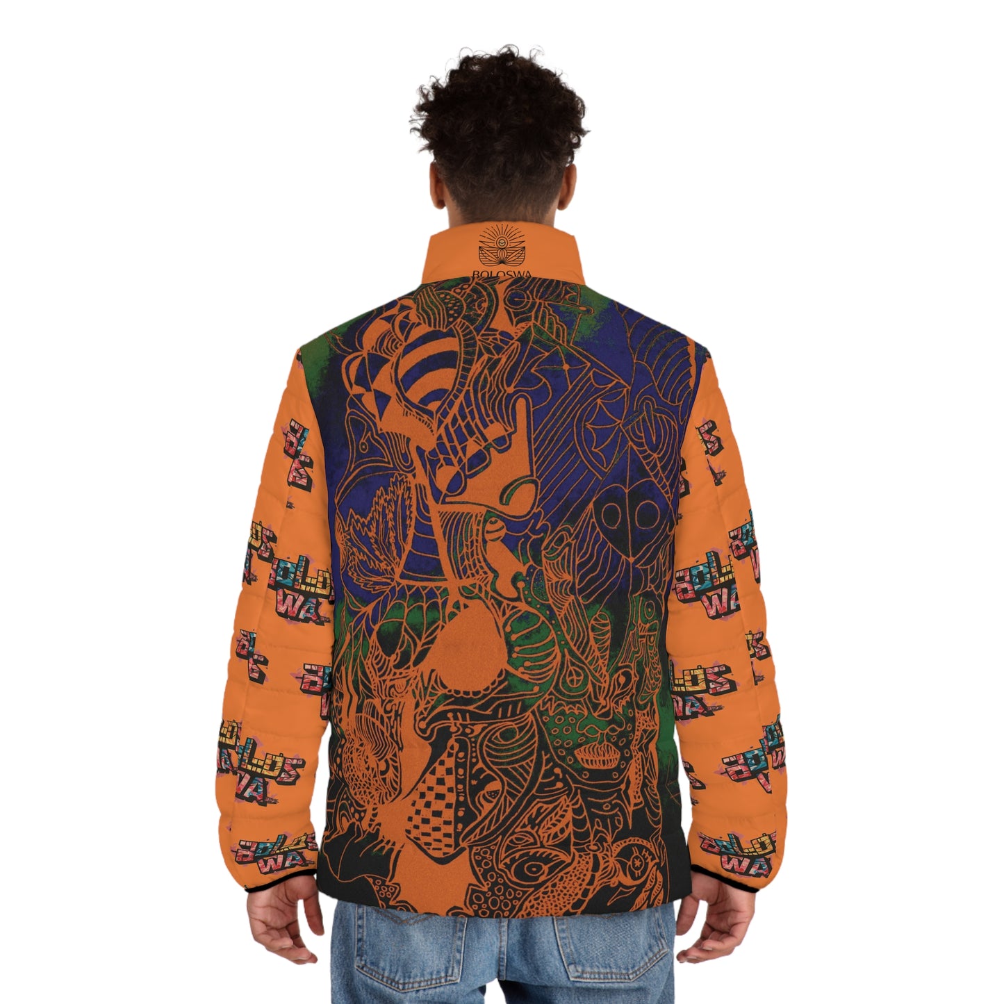 Men's Puffer Jacket — Bold Orange Graphic All-Over Print with Tribal Mask & 'BOLOSWA' Sleeve Logos