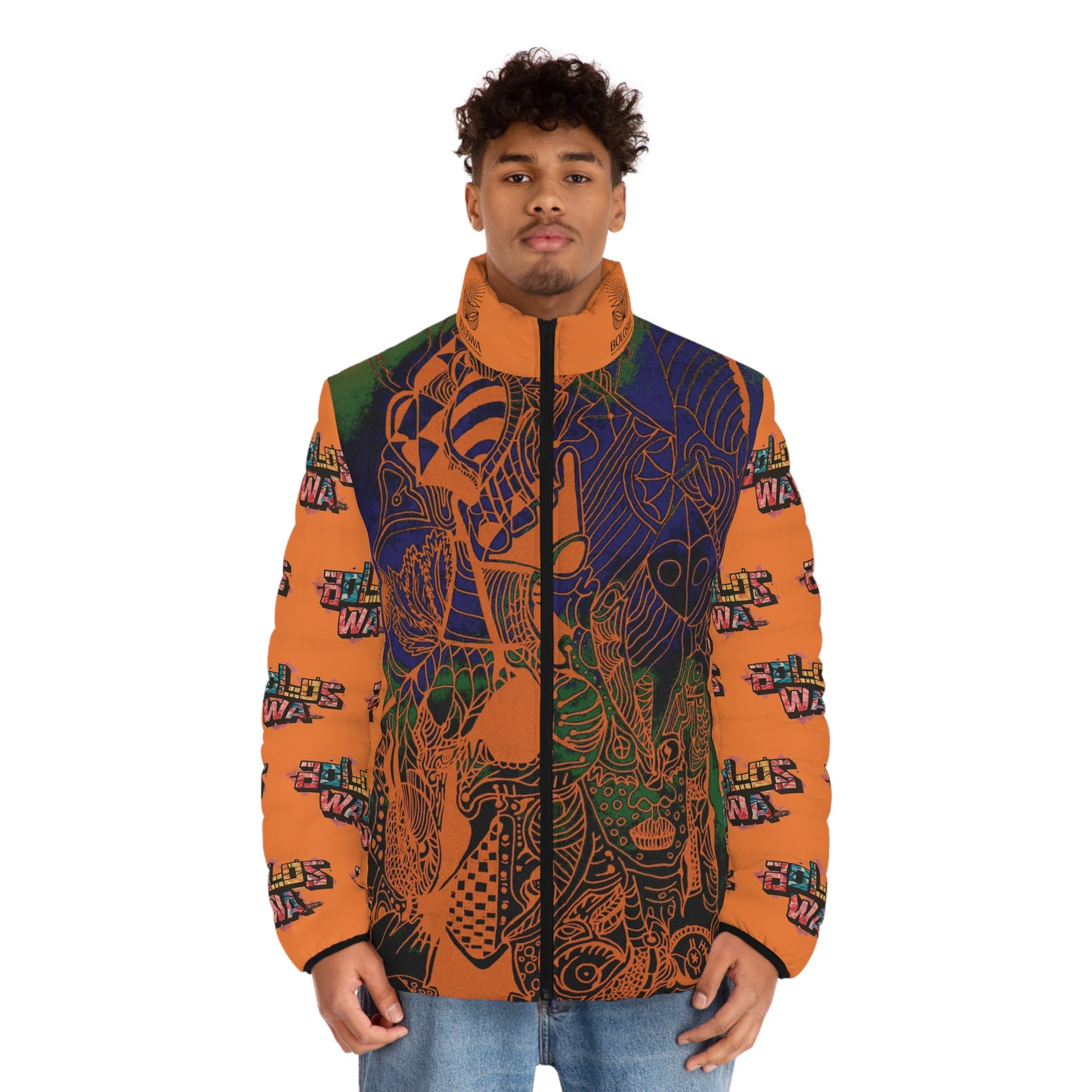 Men's Puffer Jacket — Bold Orange Graphic All-Over Print with Tribal Mask & 'BOLOSWA' Sleeve Logos