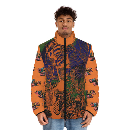 Men's Puffer Jacket — Bold Orange Graphic All-Over Print with Tribal Mask & 'BOLOSWA' Sleeve Logos
