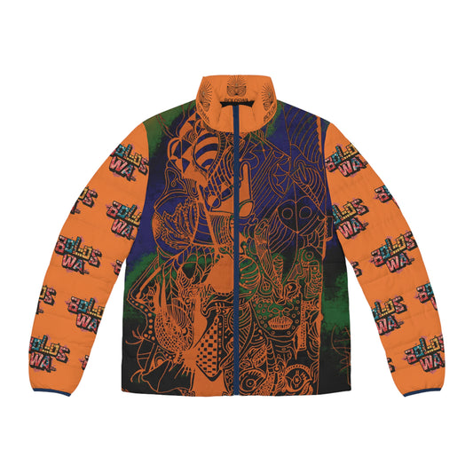 Men's Puffer Jacket — Bold Orange Graphic All-Over Print with Tribal Mask & 'BOLOSWA' Sleeve Logos